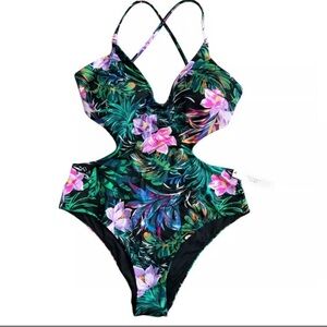 New! Victoria's Secret black palm crisscross strap Swimsuit Floral 3846